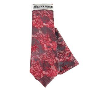 Stacy Adams Men's Tie & Hanky Set Red Charcoal Gray Silver Microfiber 3" Wide